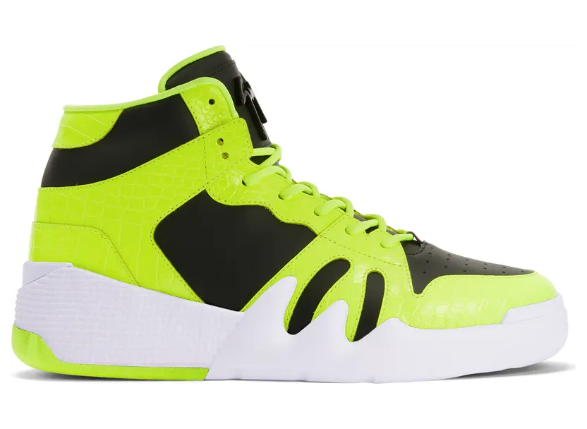 Giuseppe Zanotti Sneakers hautes talon» confectionnées en cuir noir et cuir jaune fluo imprimé crocodile, avec une doublure intérieure en tissu technique et des lacets en coton assortis. ce modèle est doté d’une signature» en métal laqué noir sur la languette et d’une sem (RU20019001)