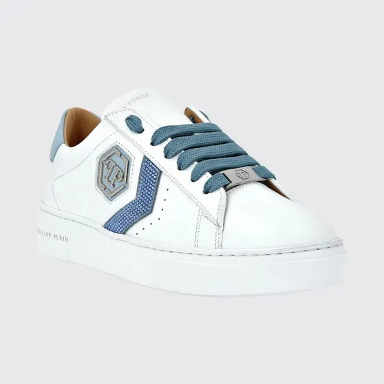 Philipp plein Low-Top Leather Sneakers with Monogram and Hexagon Logo Turquoise (AADSUSC0678PLE075N07)