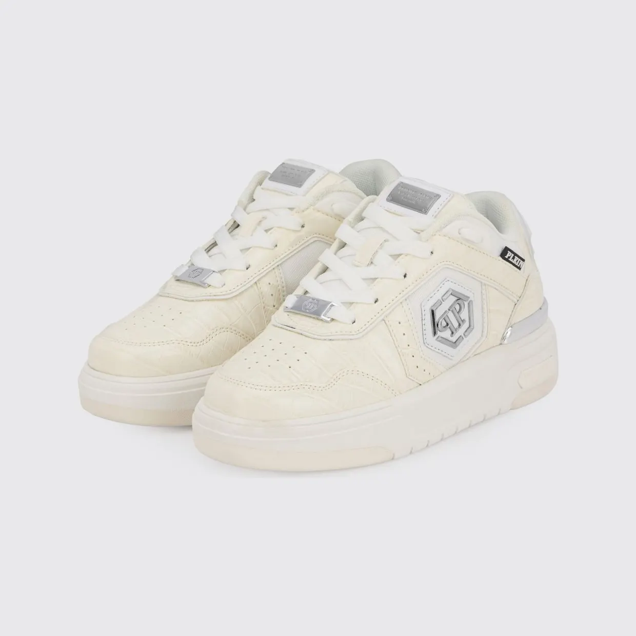 Philipp plein SK8R Low-Top Sneakers in Leather and Mesh with Croc Print and Hexagon Logo White (PAFSUSC0962PTE003N01)