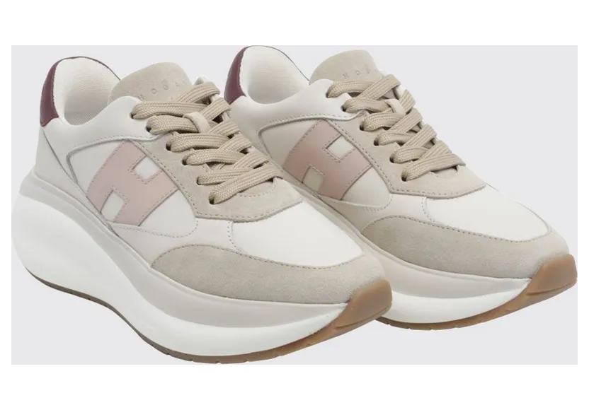 Hogan Maxi I Active Leather and Suede Trainers with H Logo and Chunky Sole Beige (HXW7140GA40UHC0R1T)
