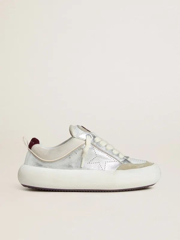 Golden Goose Women’S Space-Star Cube In Ice-Gray And Silver Leather With Burgundy Heel Tab (GWF00807.F007976.70341)