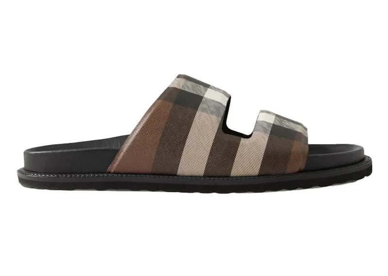 Burberry Check Cotton Canvas Slides Dark Birch Brown (80648091)