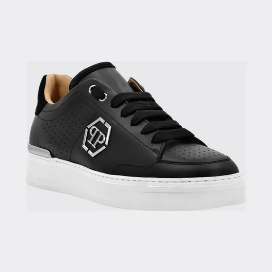 Philipp plein Leather Low-Top Sneakers with Monogram Pattern and Applied Hexagon Logo Black (SADSUSC0538PLE022N02)