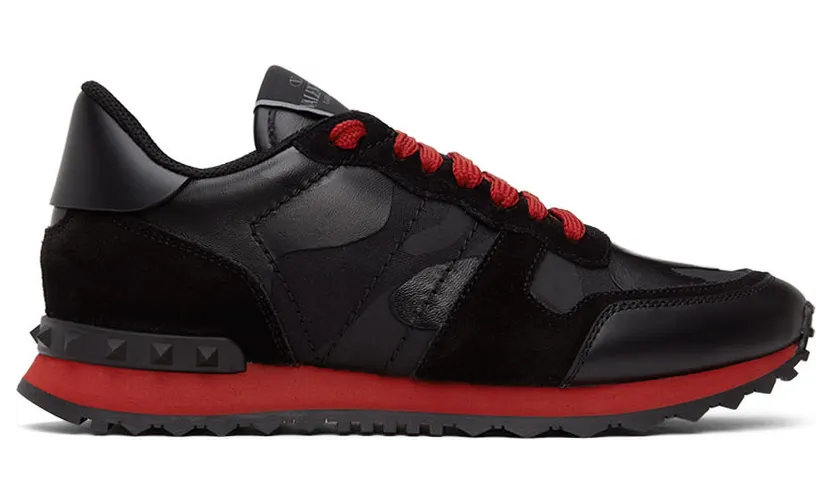 Valentino Garavani Black & Red Camo Rockrunner Sneakers (WY2S0723NSD)