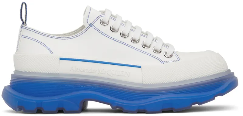 Alexander McQueen White & Blue Tread Slick Low Sneakers (662687W4MV9)