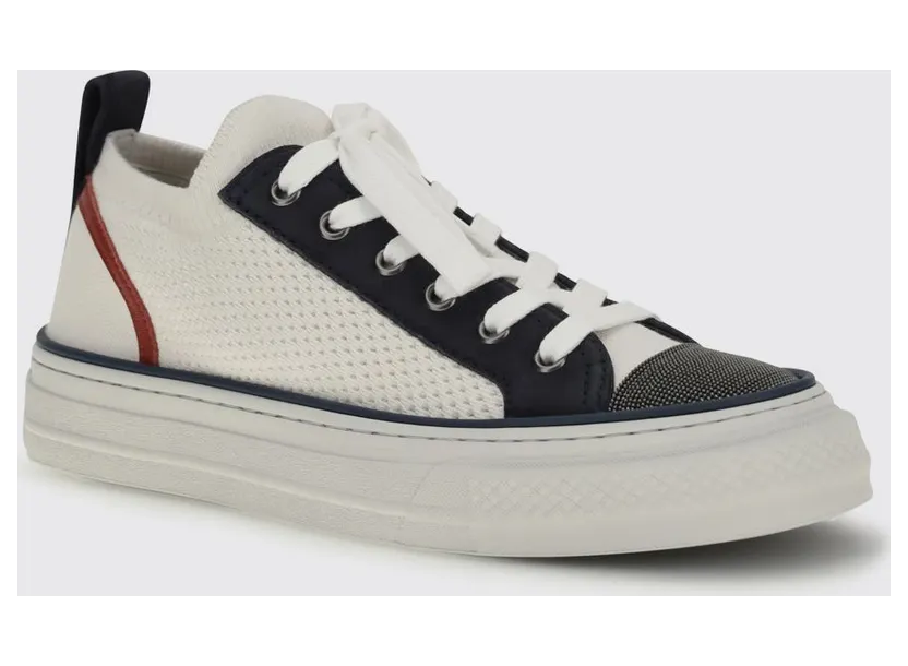 Brunello cucinelli Cotton Knit and Leather Sneakers with Monile White (MZ35G3223C2832)