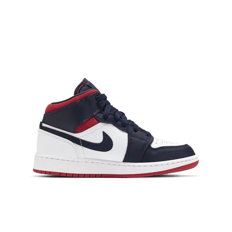 Jordan 1 Mid SE USA (GS) White/Varsity Red-Midnight Navy (BQ6931-104)