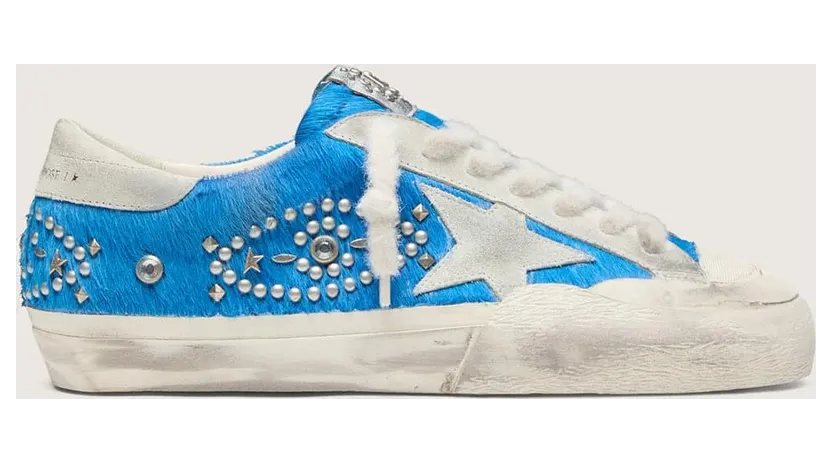 Golden Goose Men’S Super-Star Lab In Bright Blue Pony Skin With Suede Star And Studs (GMF01095.F008481.50588)