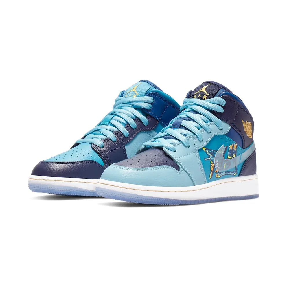 Jordan 1 Mid Fly (GS) Blue Void/Clear-Team Royal-Blue Lagoon-Blue Gaze-Off White (BV7446-400)