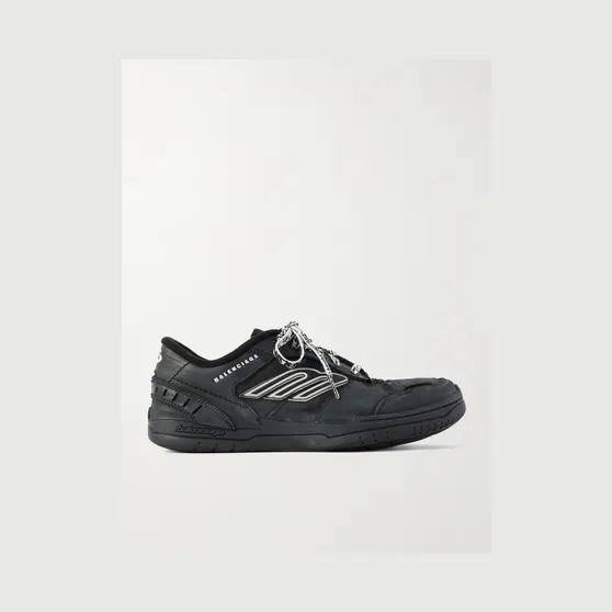 Balenciaga Hamptons Logo-Appliquéd Distressed Leather Sneakers Black (841765WCURB)
