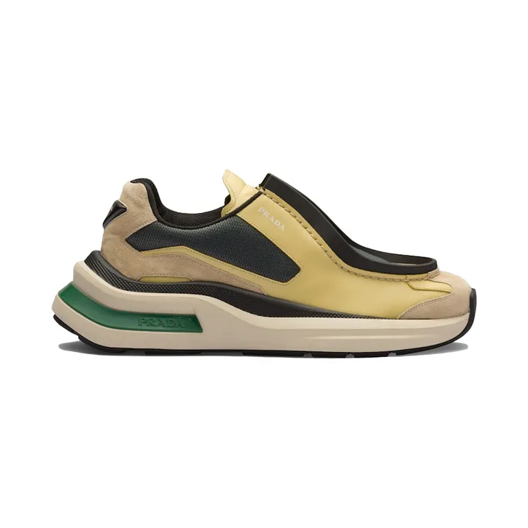 Prada Brushed Leather Sneakers Bike Fabric Suede Vanilla Anthracite Green (2EG424_3LNN_F03M3)