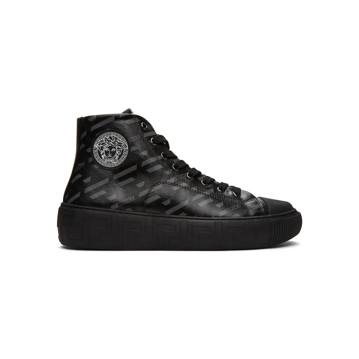 Versace Black & Grey ‘La Greca’ High-Top Sneakers (DSU8403 1A01726)