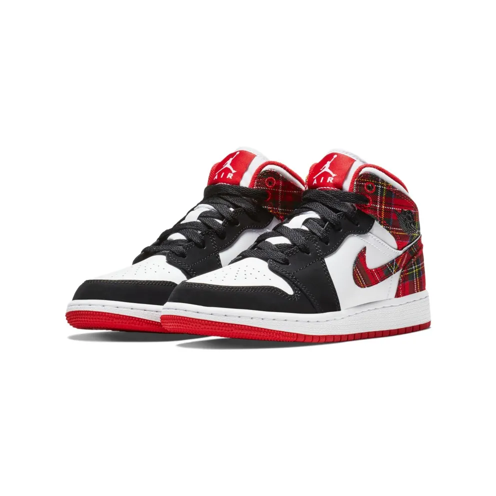 Jordan 1 Mid White Plaid (GS) Habanero Red/Black-White (554725-607)