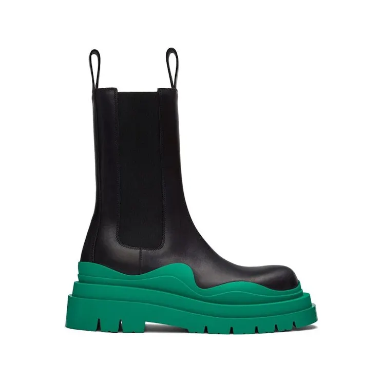 Bottega Veneta Leather Tire Chunky-Sole Chelsea Boot Black Acid Turquoise (630284VBS501489)
