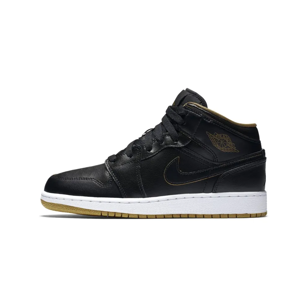 Jordan 1 Mid Black Metallic Gold (GS) Black/Black-Metallic Gold-White (554725-042)