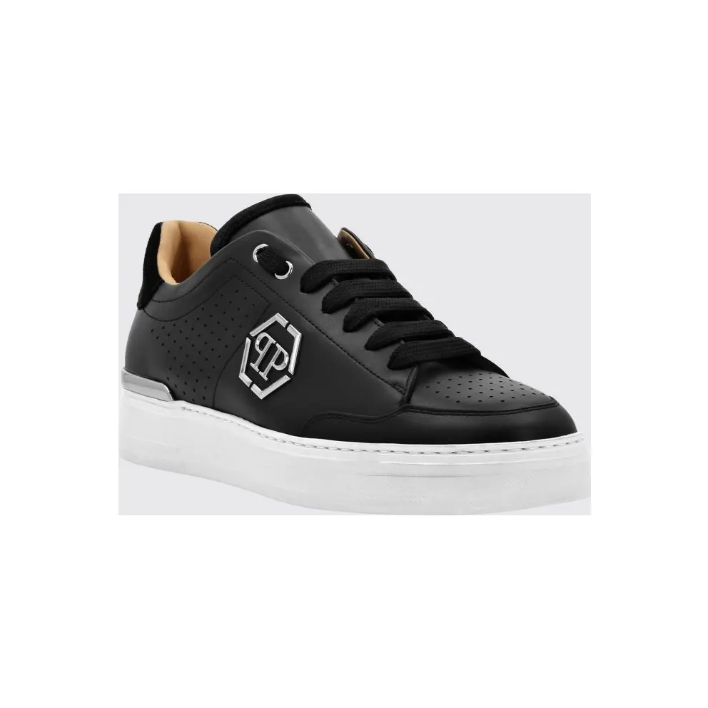 Philipp plein Leather Low-Top Sneakers with Monogram Pattern and Applied Hexagon Logo Black (SADSUSC0538PLE022N02)