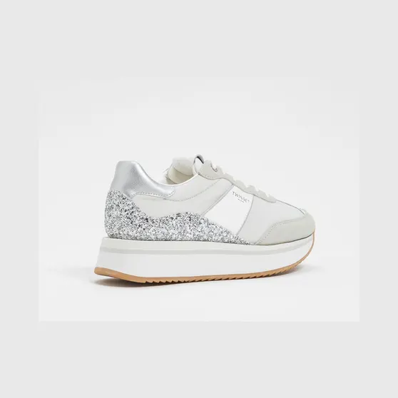 Twinset Suede And Nylon Glitter Sneakers White (261TCP02010721)