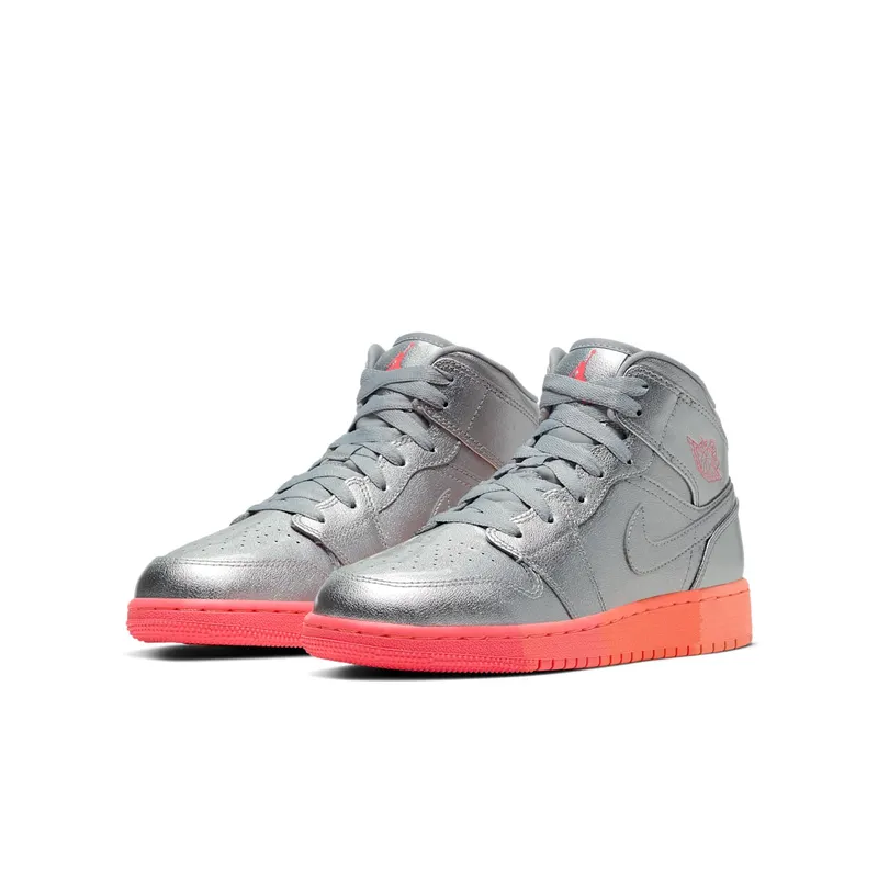 Jordan 1 Mid Sunrise (GS) Metallic Silver/Racer Pink-Wolf Grey-Hot Punch (555112-006)