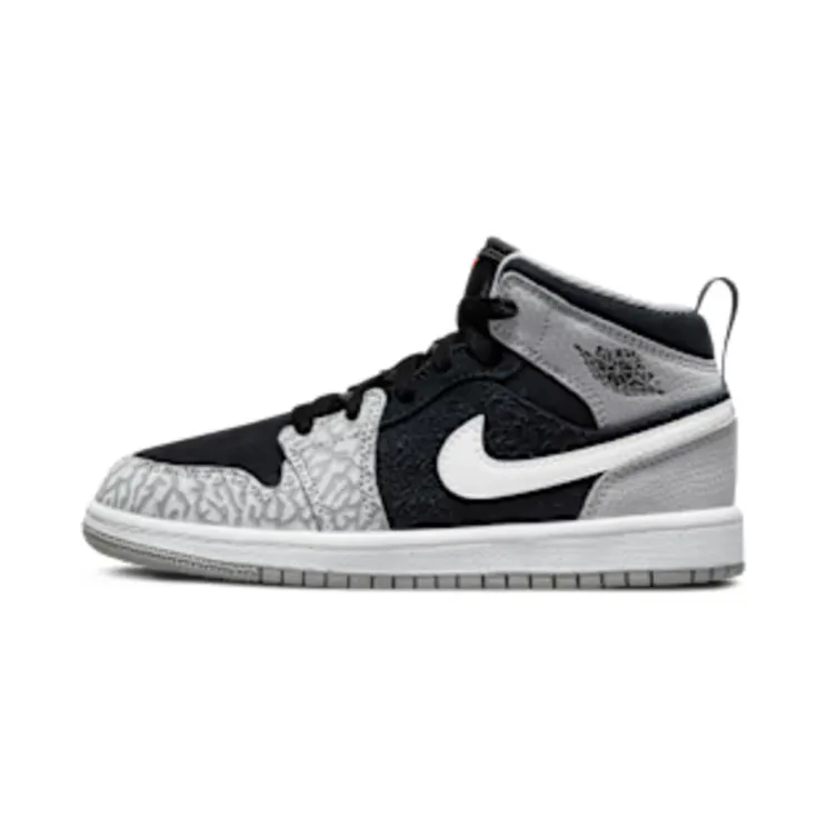 Jordan 1 Mid PS Elephant Print “Black / White / Light Smoke Grey / University Red” (DM6215-016)