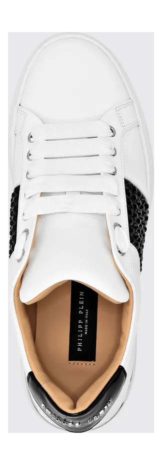 Philipp plein Leather Low-Top Sneakers with Rhinestones and Abstract Embroidery White (AACSWSC2708PLE010N0102) (2)