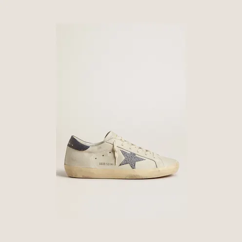 Golden Goose Super-Star With Cream-Colored Leather Star With Swarovski Crystals And Blue Leather Heel Tab With Lizard Print (GWF00101.F005870.10793)