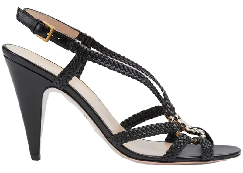 Gucci Crystal Interlocking G Heeled Sandals Black Braided Leather (739098 BKO00 1000)