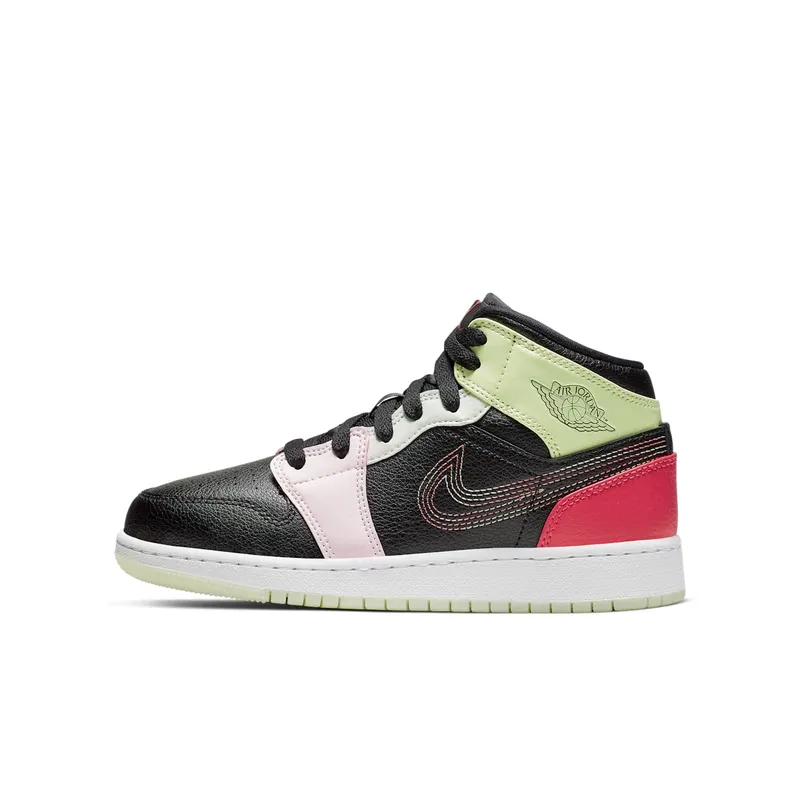 Jordan 1 Mid Glow-In-The-Dark (GS) Black/Ember Glow-Barely Volt-Light Soft Pink-Jade Aura (AV5174-076)
