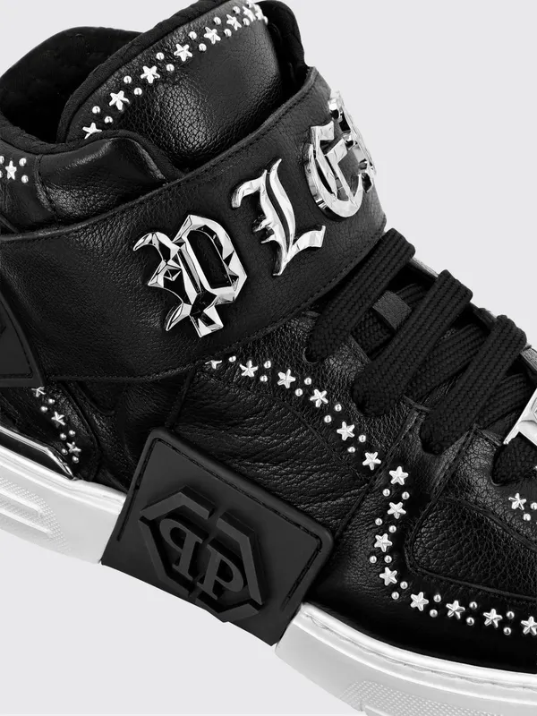 Philipp plein Gothic High-Top Leather Sneakers with Studs and Star Applications Black (FADSUSC0623PLE005N02) (2)
