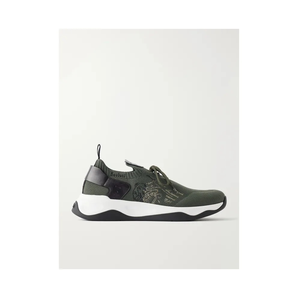 Berluti Shadow Logo-Embroidered Leather-Trimmed Stretch-Knit Army green (S6610-009)