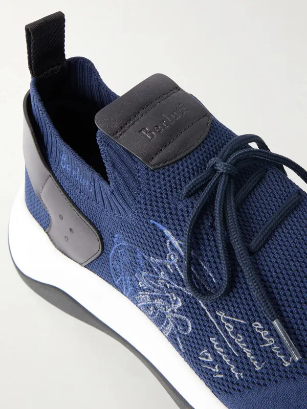 Berluti Shadow Logo-Embroidered Leather-Trimmed Stretch-Knit Navy (S6610-010)