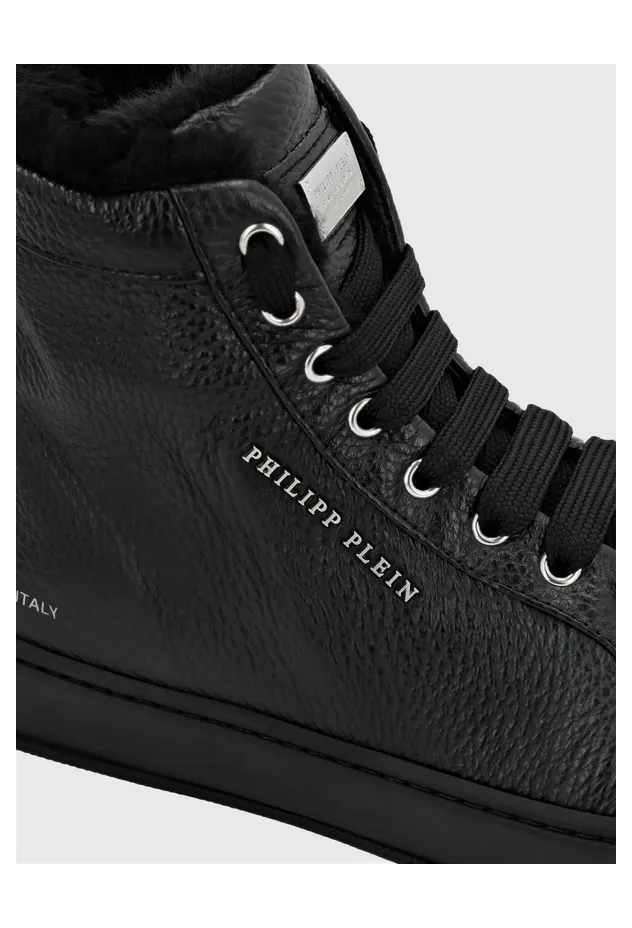 Philipp plein High-Top Grained Leather Sneakers with Shearling Lining Black (LABSUSC0404PLE010N02) (2)