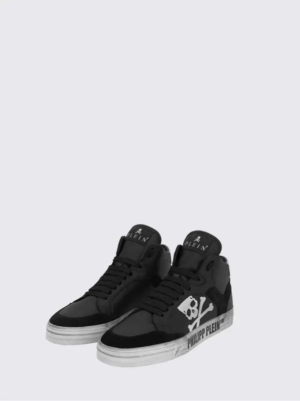 Philipp plein High-Top Skull Sneakers in Leather and Suede with a Worn Effect Black (UAESUSC0890PLE005N0270)