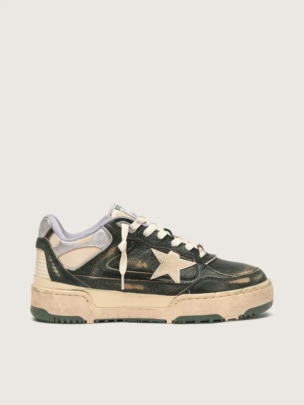 Golden Goose Forty2 In Green Leather And Cream Nylon With Tpu Star And Silver Leather Heel Tab (GWF00630.F007961.35948)