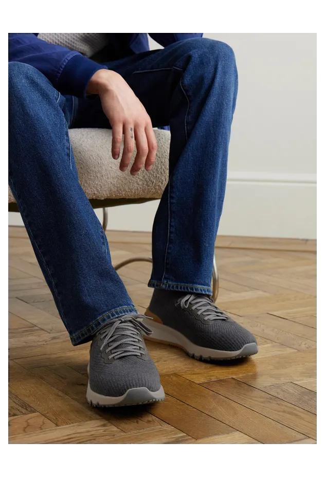 Brunello Cucinelli Leather-Trimmed Stretch-Knit Sneakers Beige (MZUWLBO253) (2)
