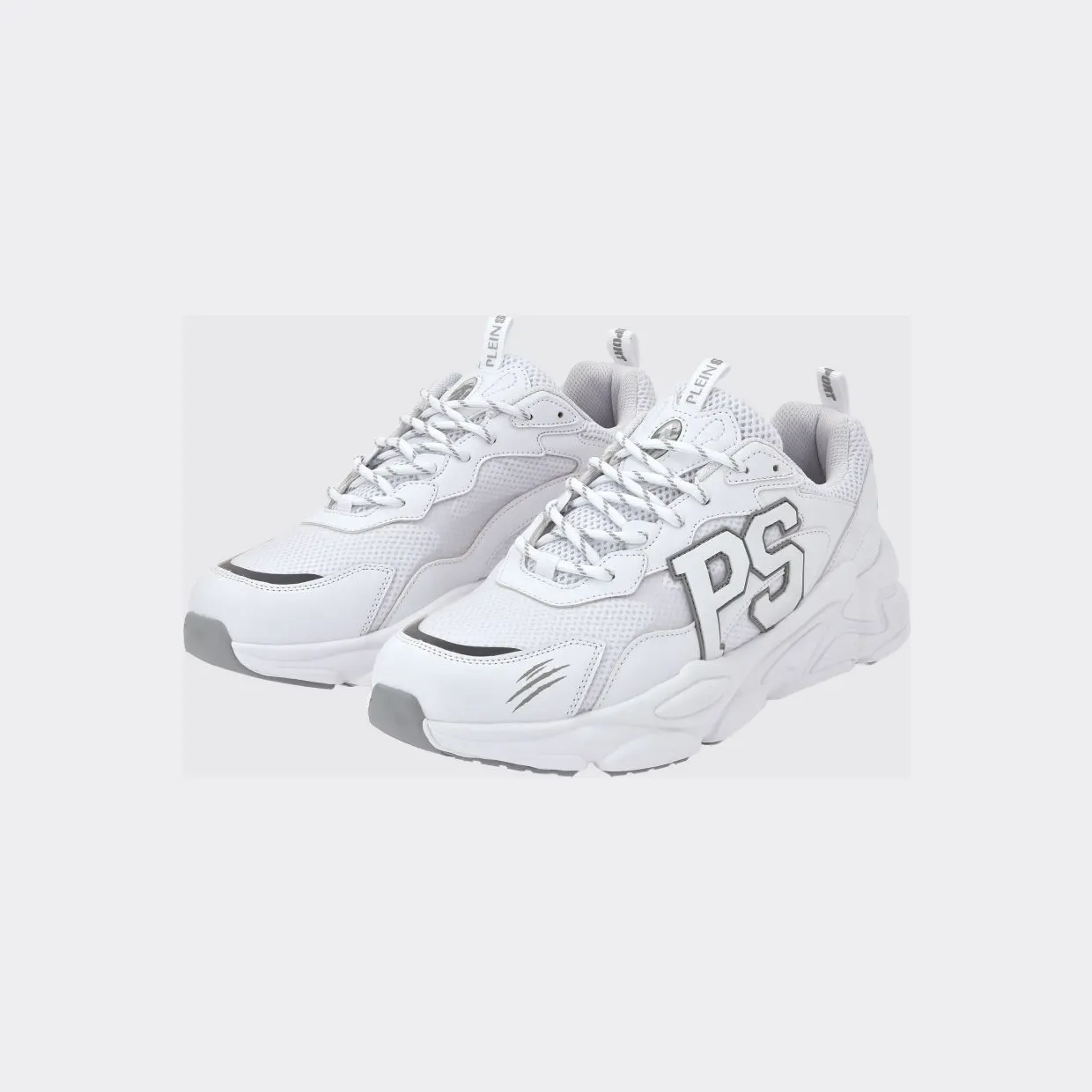 Plein Sport Low-Top Sneakers in Leather and Mesh with Contrast Monogram White (SADSUSC0611STE003N0101)