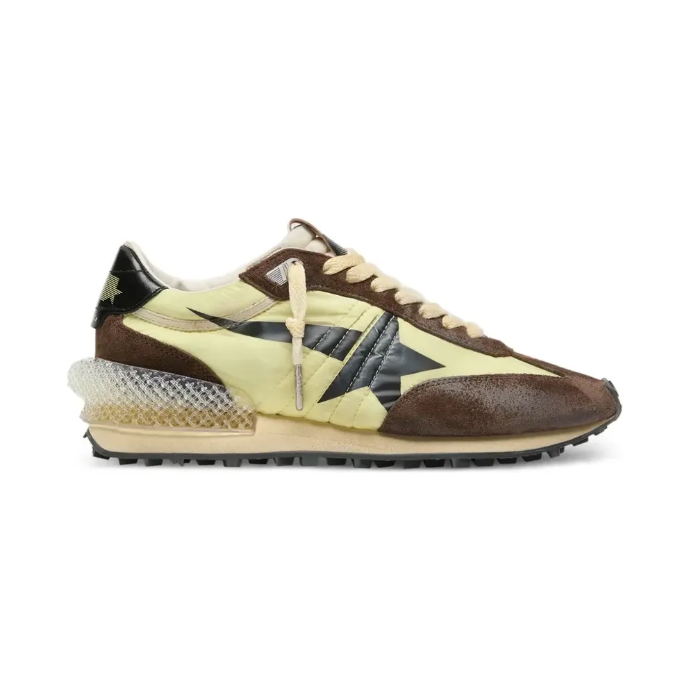 Golden Goose Marathon Sneakers aus limettengrünem Nylon mit schwarzem Stern und Einsätzen aus braunem Wildleder (GWF00684F008623)