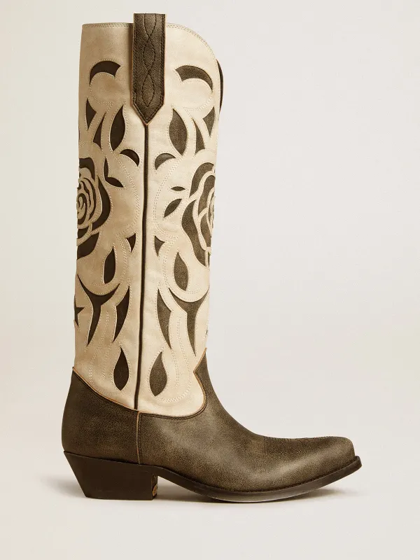 Golden Goose Wish Star Boots In Black And White Leather With Inlay Rose And Star (GWF00860.F006912.90481)