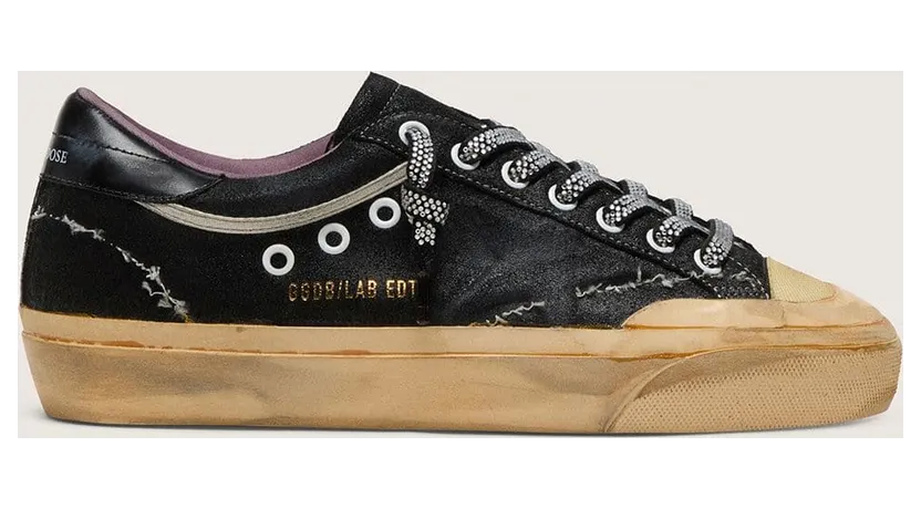 Golden Goose Super-Star Lab In Black Laminated Suede And Nylon With Raised Star And Laces With Crystals (GWF00997.F007985.90506)