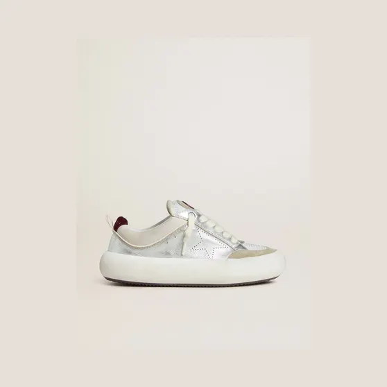 Golden Goose Women’S Space-Star Cube In Ice-Gray And Silver Leather With Burgundy Heel Tab (GWF00807.F007976.70341)