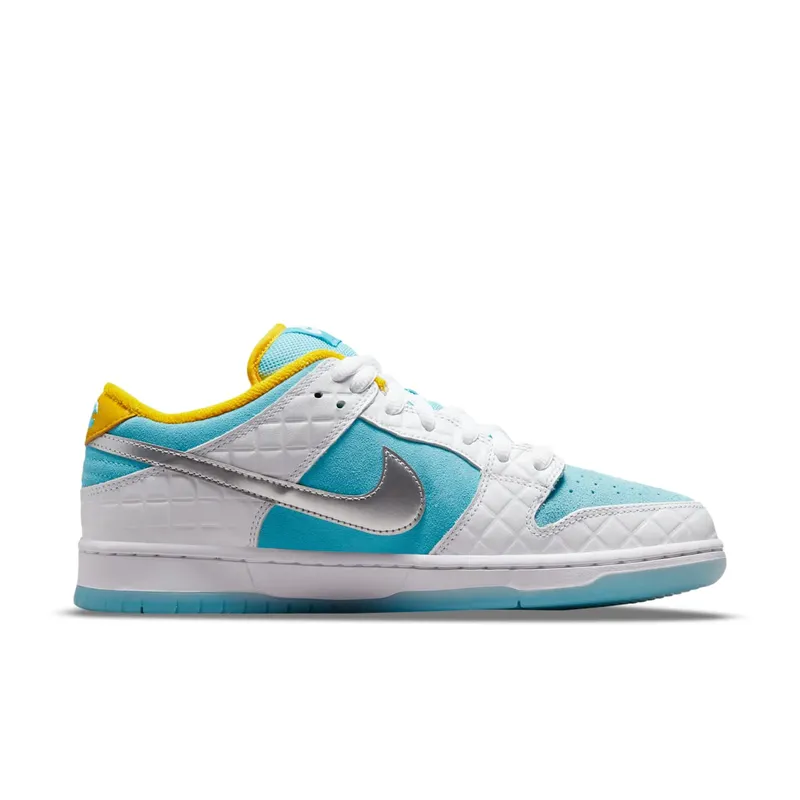 Nike x FTC SB Dunk Low (2021) – “White / Lagoon Pulse-metallic Silver-speed Yellow” (DH7687-400)