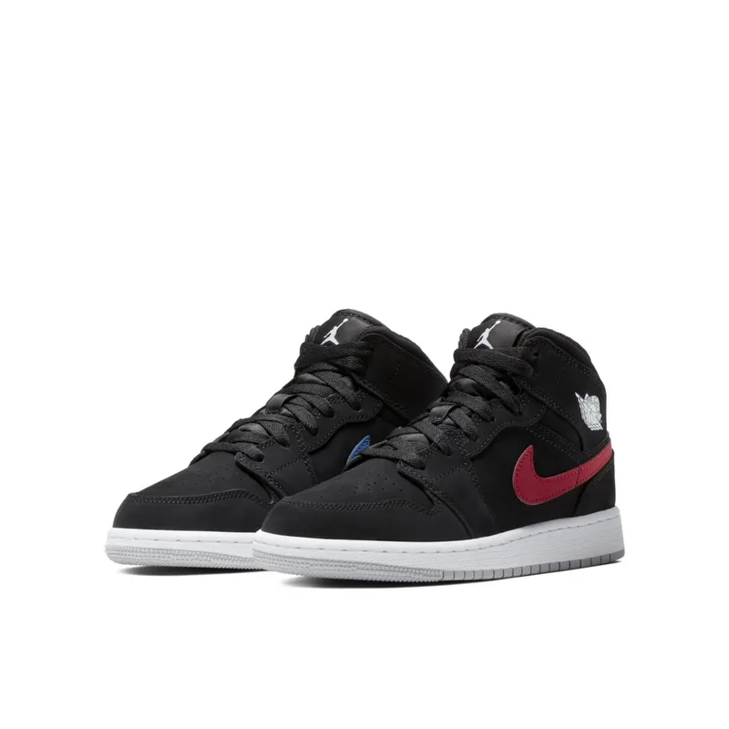 Jordan 1 Mid Multi-Color Swoosh Black (GS) Black/Varsity Red-Varsity Royal-White-Cement Grey (554725-065)