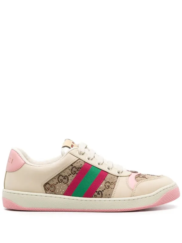 Gucci Screener Beige Dark Brown Pink GG Canvas Crystals