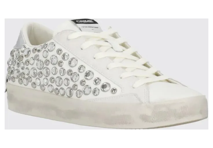 Crime Distressed Leather Sneakers with Studs and Rhinestones White (29010PP810)