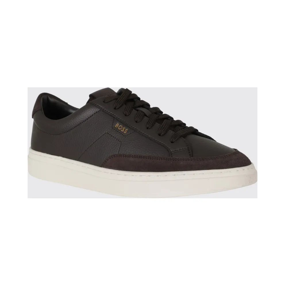 Boss Kieran Low-Top Trainers in Grained Leather with Printed Logo Brown (50568536201)