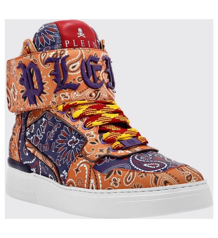 Philipp plein High-Top Leather Sneakers with Paisley Print and Padded Ankle Orange (FACSUSC0500PLE025N7320)