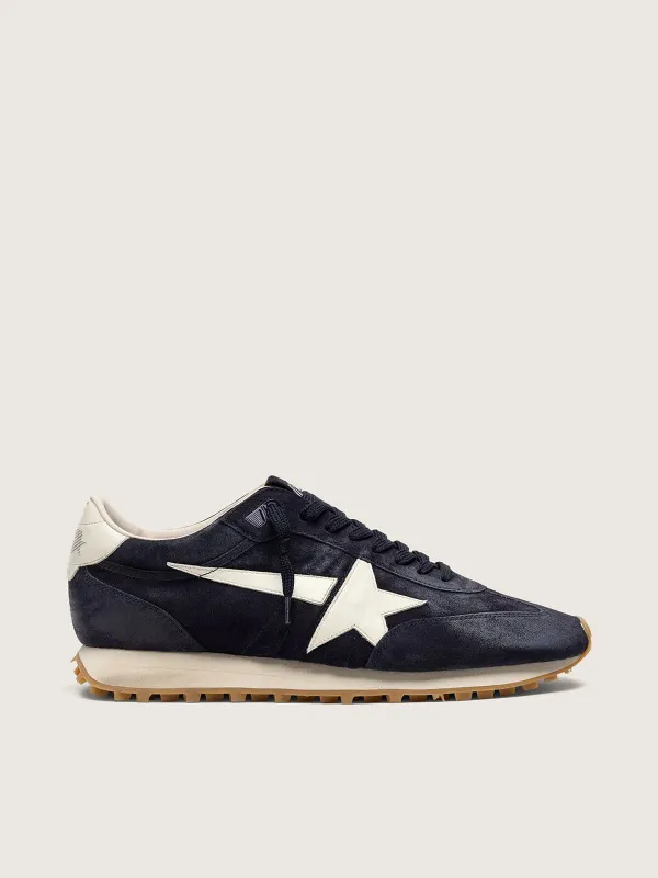 Golden Goose Women’S Marathon In Blue Navy Suede With Leather Star And Heel Tab (GWF01071.F008333.50857)