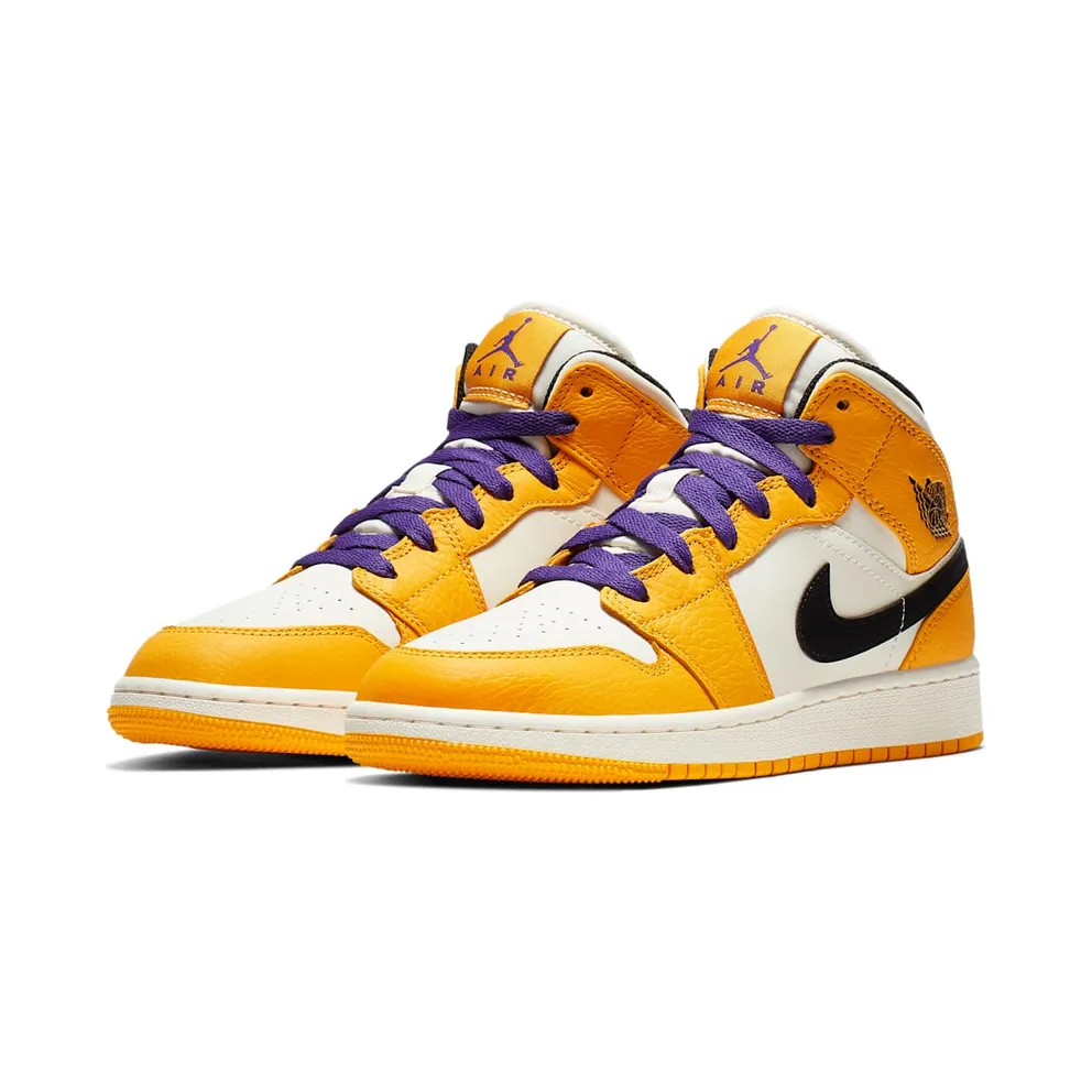 Jordan 1 Mid SE Lakers (GS) University Gold/Black-Pale Ivory-Court Purple-Sail (BQ6931-700)