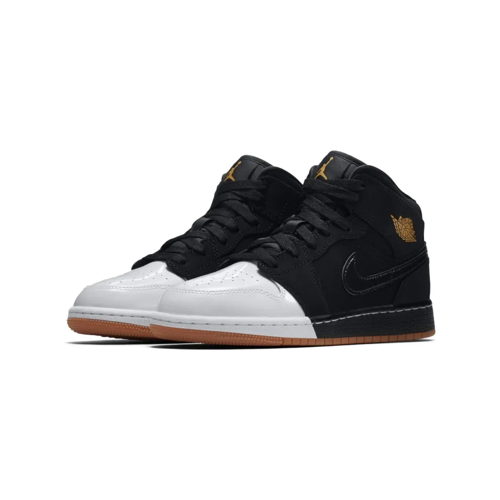 Jordan 1 Mid Black White Gold (GS) Black/Metallic Gold-White (555112-021)