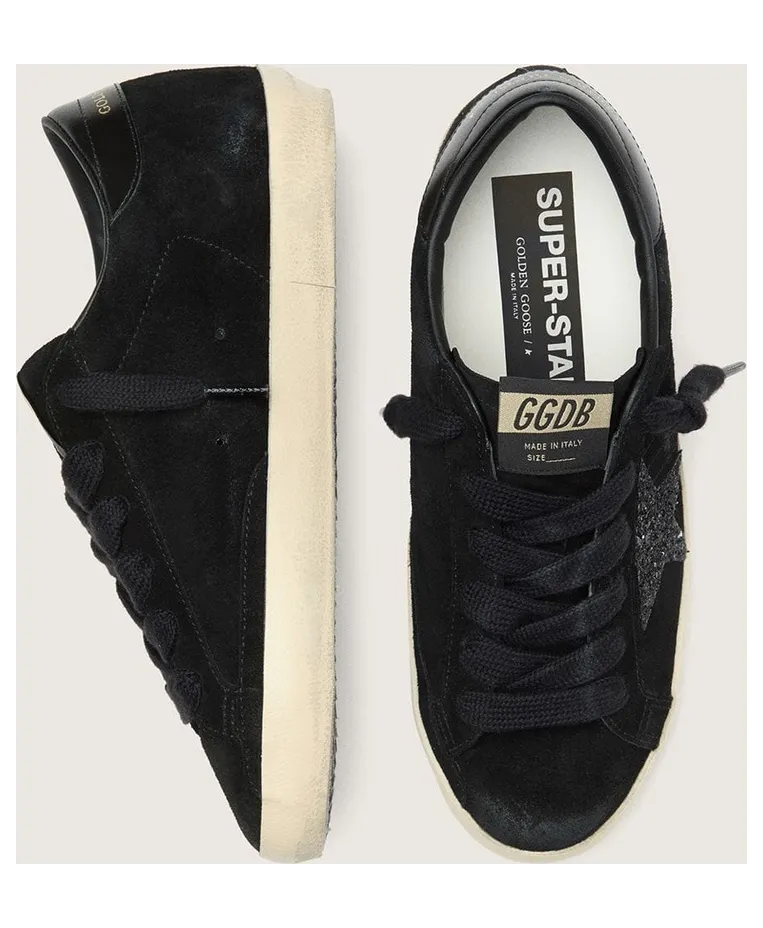 Golden Goose Super-Star Ltd In Black Suede With Black Glitter Star And Black Leather Heel Tab (GWF01002.F008304.90100) (3)
