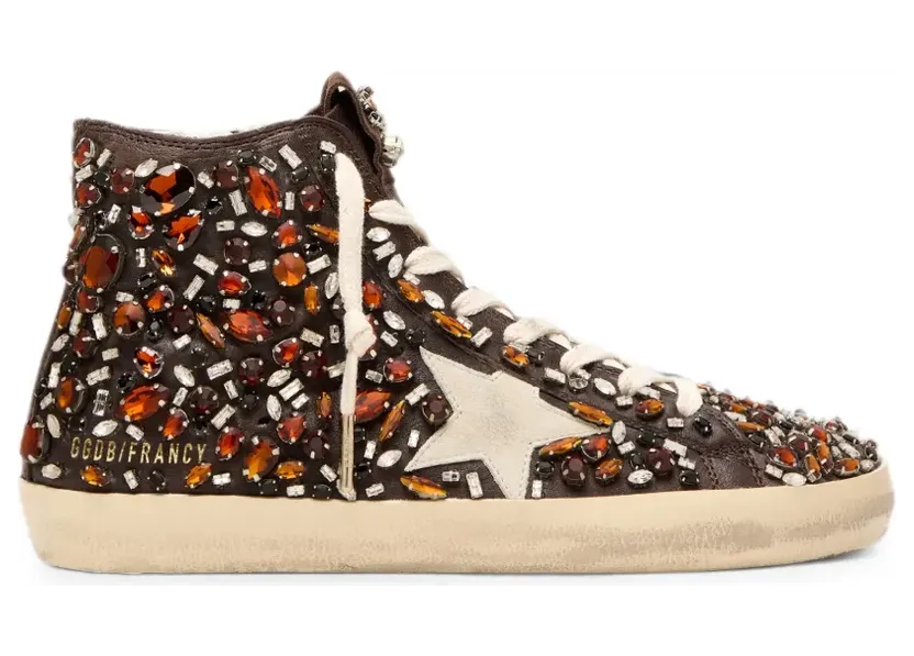 Golden Goose Francy aus dunkelbraunem Leder mit mehrfarbigen Strasssteinen und weißem Wildlederstern (GWF00113F007863)